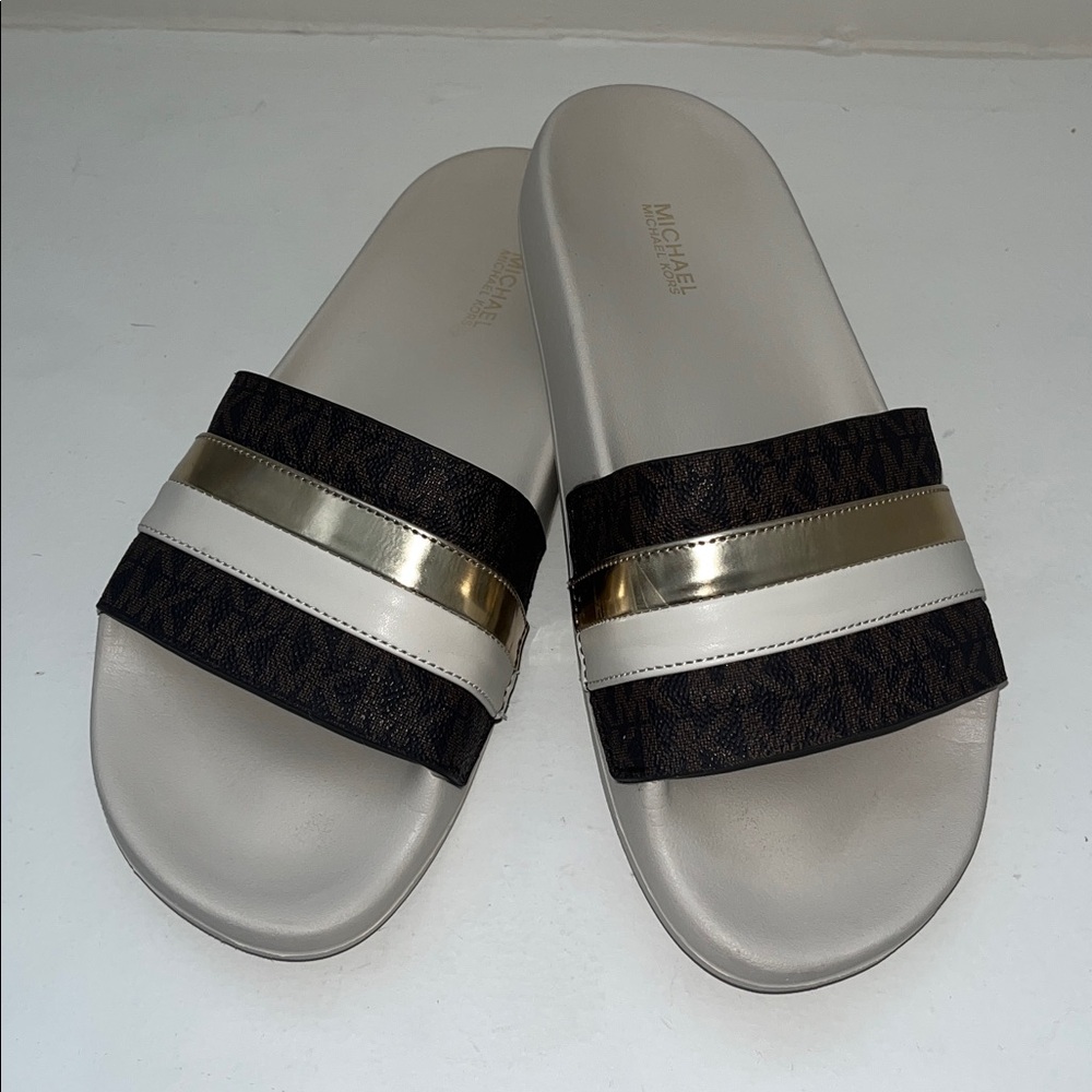 Michael Kors sliders, cream with brown and gold straps